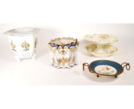 Collection of 19th and 20th century French ceramics and porcelain. Comprised of a French Faience jardiniere planter with twin