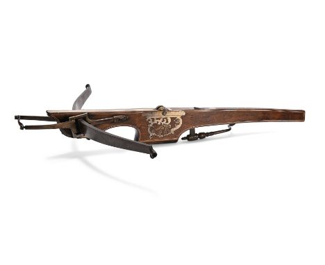 Y A BRASS, STEEL AND MOTHER OF PEARL INLAID MAHOGANY TARGET CROSSBOW  PROBABLY BELGIAN OR DUTCH, MID 18TH CENTURY  The tiller