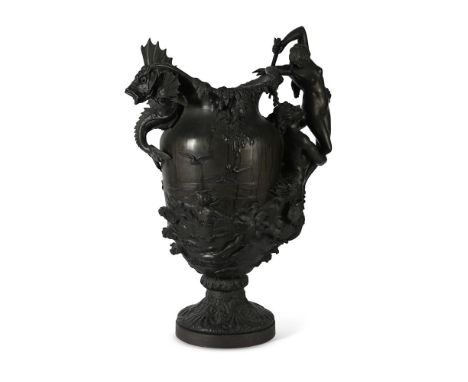 HENRI LÉON THIÉBAUT (1855-1899), A LARGE BRONZE URN 'LA MER'  LATE 19TH CENTURY  With pseudo-handle in the form of a merman r