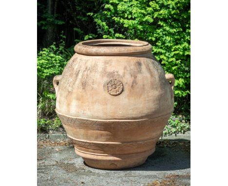 A LARGE ITALIAN TERRACOTTA OLIVE JAR  20TH CENTURY  Stamped indistinctly CM Resso La Capannuccia  107cm high, the top 71cm di