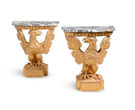 A FINE PAIR OF GEORGE II GILTWOOD AND BRECHE VIOLETTE MARBLE CONSOLE TABLES  IN THE MANNER OF WILLIAM KENT, CIRCA 1735-1740  