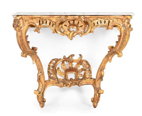 A CARVED GILTWOOD AND MARBLE CONSOLE TABLE IN MID 18TH CENTURY STYLE, 19TH CENTURY 84cm high, 113cm wide, 60cm deep 