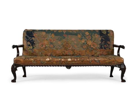 A MAHOGANY AND NEEDLEWORK UPHOLSTERED SETTEE CIRCA 1740 AND LATER 94cm high, 204cm wide, 85cm deep