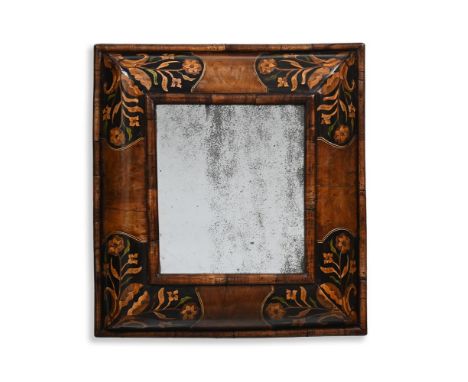 A WILLIAM & MARY WALNUT AND FLORAL MARQUETRY CUSHION MIRROR  CIRCA 1690  55cm high, 51cm wide  Condition Report:  Marks, knoc