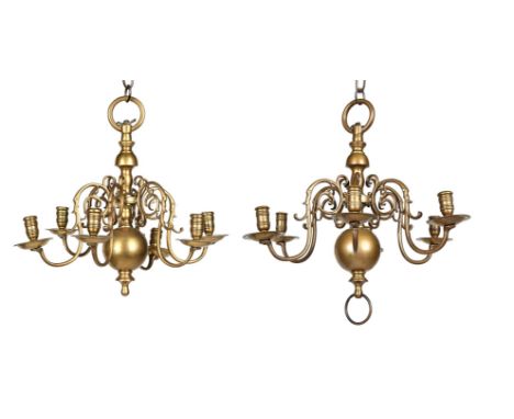 A PAIR OF BRASS SIX LIGHT CHANDELIERS FIRST HALF 18TH CENTURY 41cm high, 43cm diameterSaleroom Notice: Please note that the c