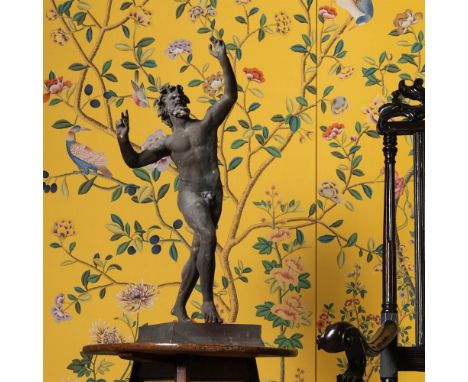 A LARGE VERDIGRIS BRONZE FIGURE OF THE DANCING FAUN OF POMPEII  20TH CENTURY  In the Naples manner  81cm high, base 25cm wide