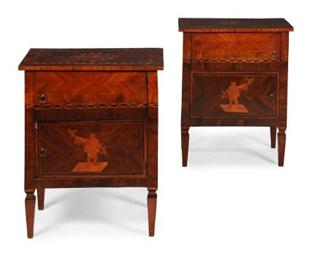 Y  A PAIR OF ITALIAN ROSEWOOD, WALNUT MARQUETRY AND PARQUETRY COMMODINI  BOLOGNA, CIRCA 1800 Depicting Bacchus to the front p