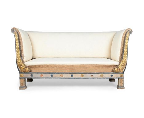AN ITALIAN CARVED GILTWOOD AND PAINTED SOFA POSSIBLY ROME, EARLY 19TH CENTURY 98cm high, 197cm wide, 83cm deep  Condition Rep