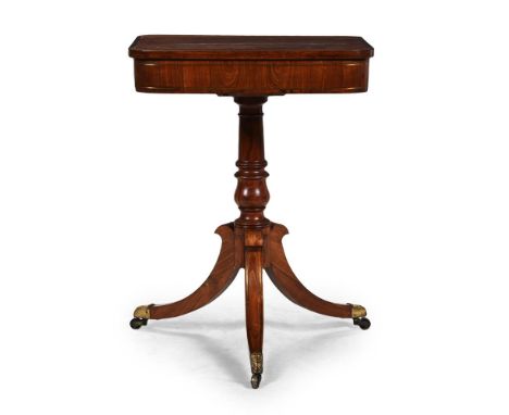 Y A GEORGE IV KINGWOOD, TULIPWOOD AND BRASS INLAID PEDESTAL GAMES TABLE  CIRCA 1825 With a sliding games top opening to a gil