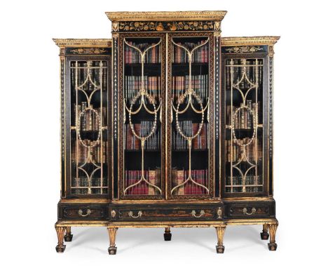 A BLACK LACQUER AND GILT CHINOISERIE DECORATED BOOKCASE IN THE MANNER OF THOMAS CHIPPENDALE, 19TH CENTURY The glazed doors op