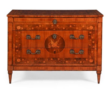 Y A NORTH ITALIAN TULIPWOOD, OLIVEWOOD AND MARQUETRY COMMODE LATE 18TH OR EARLY 19TH CENTURY 89cm high, 118.5cm wide, 59cm de