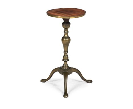 A RARE GEORGE I BRASS KETTLE STAND CIRCA 1720 With a later mahogany and brass bound top 58cm high, the top 29cm diameter, the