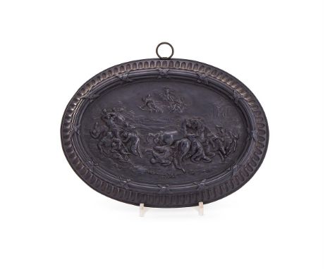‡  A BLACK BASALT PLAQUE ATTRIBUTED TO WEDGWOOD, 19TH CENTURY  Moulded with a scene of angels above a battle with figures and