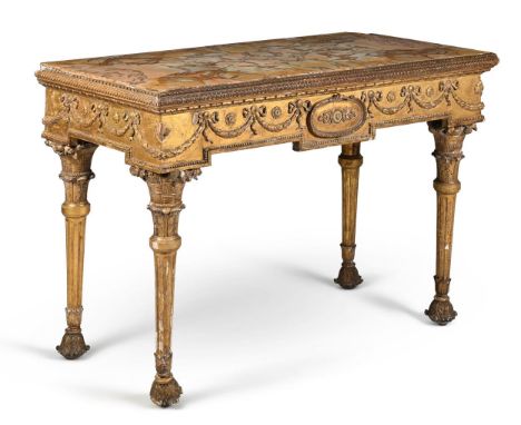 A NORTH ITALIAN CARVED GILTWOOD AND GESSO CONSOLE TABLE SECOND HALF 18TH CENTURY With a Siena marble veneered top 95cm high, 