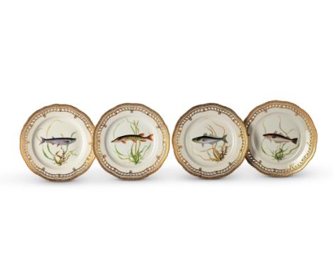 FOUR ROYAL COPENHAGEN 'FAUNA DANICA' FISH PLATES SECOND HALF 20TH CENTURY With pierced borders and serrated rims, each painte