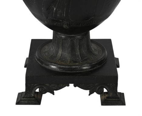 A PAIR OF GRAND TOUR BRONZED TWIN HANDLED APULIAN KRATER VASES  19TH CENTURY  The bronzed metal bodies with relief figural an
