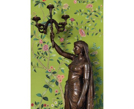 AFTER ÉMILE-CORIOLAN-HIPPOLYTE GUILLEMIN (1841-1907), A BRONZE FIGURAL LIGHT OR TORCHERE 'FEMME INDIENNE'  CAST BY BARBEDIENN