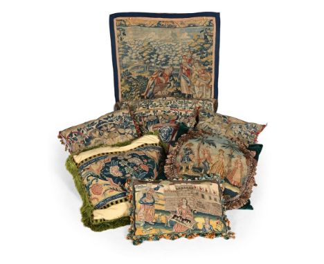 A COLLECTION OF ELEVEN CUSHIONS AND A TAPESTRY FRAGMENT  EARLY 18TH CENTURY AND LATER  Incorporating sections of tapestry, gr