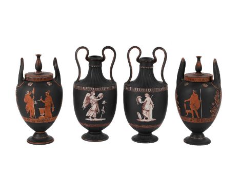 TWO SIMILAR WEDGWOOD BLACK BASALT ETRUSCAN STYLE TWIN-HANDLED VASES AND COVERS LATE 18TH CENTURY  Decorated in the ancient Gr