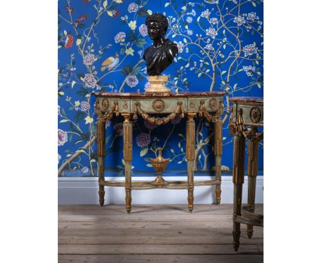 A PAIR OF ITALIAN GREEN PAINTED AND PARCEL GILT DEMI LUNE SIDE OR CONSOLE TABLES  EARLY 20TH CENTURY      Each with a breche 