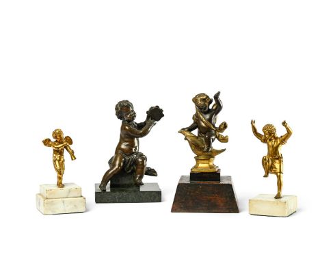A GROUP OF FOUR SMALL BRONZES  Comprising: A 17th or 18th century bronze putto on a bird, probably a chenet finial, Franco It