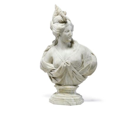 A LARGE WHITE MARBLE FEMALE BUST EMBLEMATIC OF AFRICA  19TH CENTURY  On an associated socle base  115cm high overall, the bas