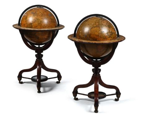A PAIR OF GEORGE IV 12-INCH LIBRARY TABLE GLOBES BY J. AND W. CARY, LONDON, THE TERRESTRIAL PUBLISHED 1826 Each sphere applie