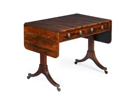Y A GEORGE III CALAMANDER SOFA TABLE CIRCA 1815 With two cedar lined frieze drawers opposing false drawer fronts 72.5cm high,