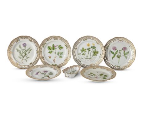 SIX ROYAL COPENHAGEN 'FLORA DANICA' BOTANICAL PLATES SECOND HALF 20TH CENTURY With pierced borders and serrated rims, each sp