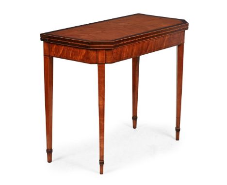Y  A GEORGE III SATINWOOD AND PURPLEHEART CROSSBANDED CARD TABLE CIRCA 1790  76cm high, 91cm wide, 44.5cm deep (when closed) 