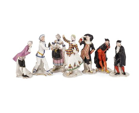 SEVEN NYMPHENBURG PORCELAIN COMMEDIA DELL'ARTE FIGURES AFTER ORIGINALS BY FRANZ ANTON BUSTELLI (1723-1763) VARIOUS DATES MOST