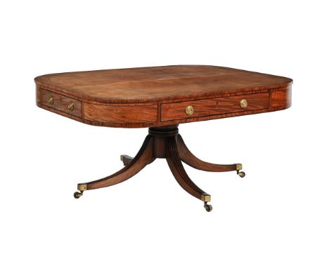 A REGENCY MAHOGANY AND LEATHER INSET LIBRARY TABLE CIRCA 1815 With a frieze drawer to each side 74cm high, 152cm wide, 121cm 
