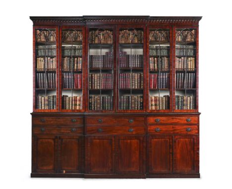 A MAHOGANY BREAKFRONT SECRETAIRE BOOKCASE CIRCA 1800 & LATER 266cm high, 280cm wide, 47cm deepPlease note, this bookcase shou