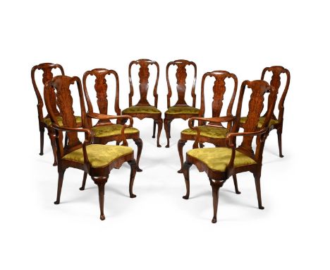A SET OF EIGHT ANGLO-DUTCH WALNUT AND MARQUETRY CHAIRS EARLY 18TH CENTURY, THE ARMCHAIRS LATER The vase shaped splats with ma