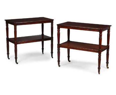 A PAIR OF GEORGE IV MAHOGANY TWO TIER SIDE TABLES OR ETAGERES CIRCA 1830 83cm high, 91.5cm wide, 47cm deepProvenance: The Lor