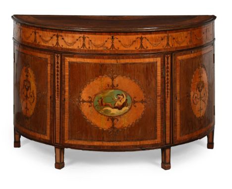 Y A GEORGE III SATINWOOD, MARQUETRY AND POLYCHROME PAINTED DEMI LUNE COMMODE  ATTRIBUTED TO INCE & MAYHEW, CIRCA 1775 The hin