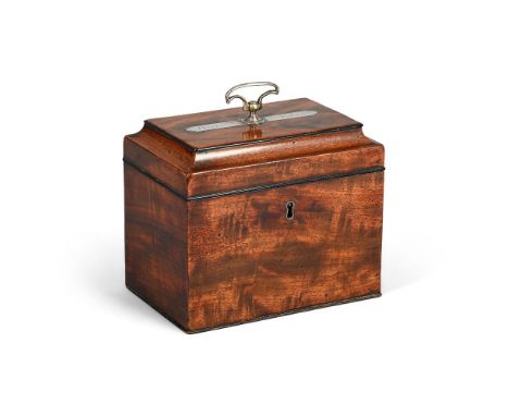 A GEORGE III MAHOGANY AND PAKTONG MOUNTED TEA CADDY  CIRCA 1780  Paktong handle above inset plaques inscribed "Green" "Bohea"