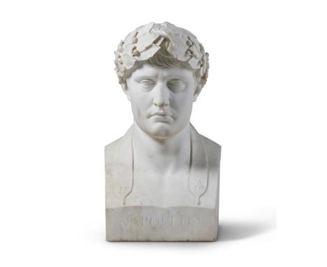 AFTER ANTOINE-DENIS CHAUDET, A LARGE CARVED MARBLE BUST OF NAPOLEON AS CAESAR  19TH CENTURY  Incised title to front  60cm hig