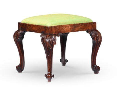 AN EARLY GEORGE III MAHOGANY STOOL CIRCA 1765 The drop in seat upholstered in raw silk 45cm high, 51cm wide, 51cm deep   Cond