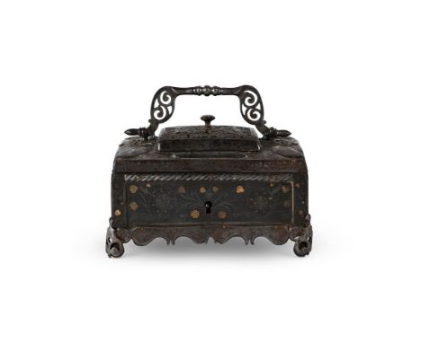 A NORTH EUROPEAN STEEL CASKET OR STRONG BOX  IN THE 17TH CENTURY MANNER, PROBABLY 19TH CENTURY With all over spot gold decora