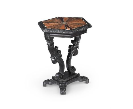 Y  A CEYLONESE CARVED EBONY, SPECIMEN WOOD, IVORY AND METAL LINE INLAID OCCASIONAL TABLE PROBABLY GALLE DISTRICT, AFTER DESIG