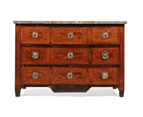 A CONTINENTAL WALNUT, FRUITWOOD AND PARQUETRY COMMODE POSSIBLY ITALIAN, LATE 18TH CENTURY With a variegated marble top 83.5cm