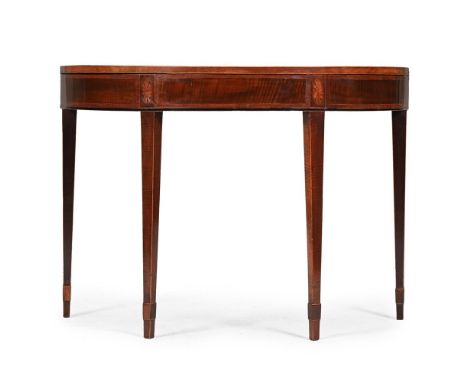 A GEORGE III SATINWOOD, BURR YEW, HAREWOOD AND PARQUETRY DEMI LUNE CARD TABLE IN THE MANNER OF WILLIAM MOORE OF DUBLIN, CIRCA