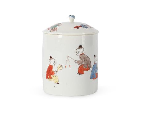 A CHANTILLY PORCELAIN KAKIEMON JAR AND COVER CIRCA 1735 Painted in Kakiemon style with four children holding fans and other o
