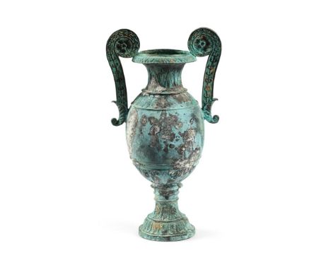 AFTER THE ANTIQUE, A VERDIGRIS PATINATED AMPHORA VASE   LATE 20TH CENTURY  41cm high 