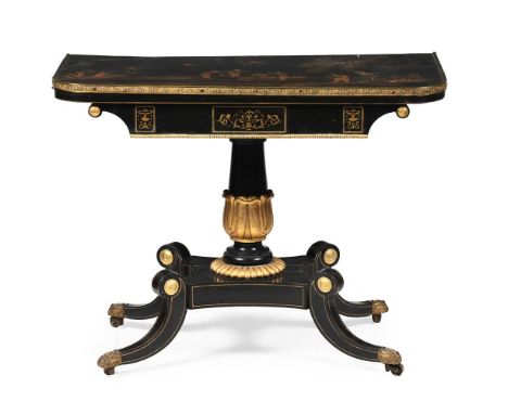 AN UNUSUAL REGENCY BLACK LACQUER AND GILT CHINOISERIE DECORATED CARD TABLE CIRCA 1820 With foliate cast gilt metal mount to t