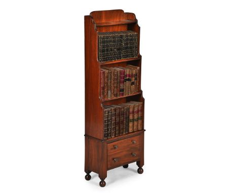 AN UNUSUAL MAHOGANY WATERFALL BOOKCASE IN GEORGE III STYLE, 19TH CENTURY Of narrow proportions, the drawer with marquetry to 