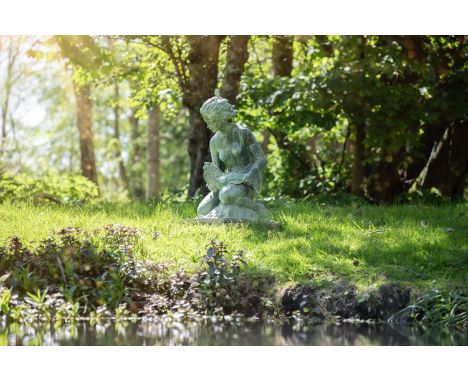 A BRONZE KNEELING NUDE FEMALE FIGURE HOLDING A FISH 20TH CENTURY The fish fitted to be a fountain  66cm high, the base 33cm w