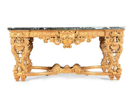 A CARVED GILTWOOD AND MARBLE CENTRE TABLE IN REGENCE STYLE, 20TH CENTURY 85cm high, 183cm wide, 94.5cm deep   Condition Repor