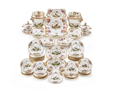 A SPODE PORCELAIN ORNITHOLOGICAL PART DESSERT SERVICE, PATTERN NO. 2932 CIRCA 1820 Decorated with a central panel of a bird i